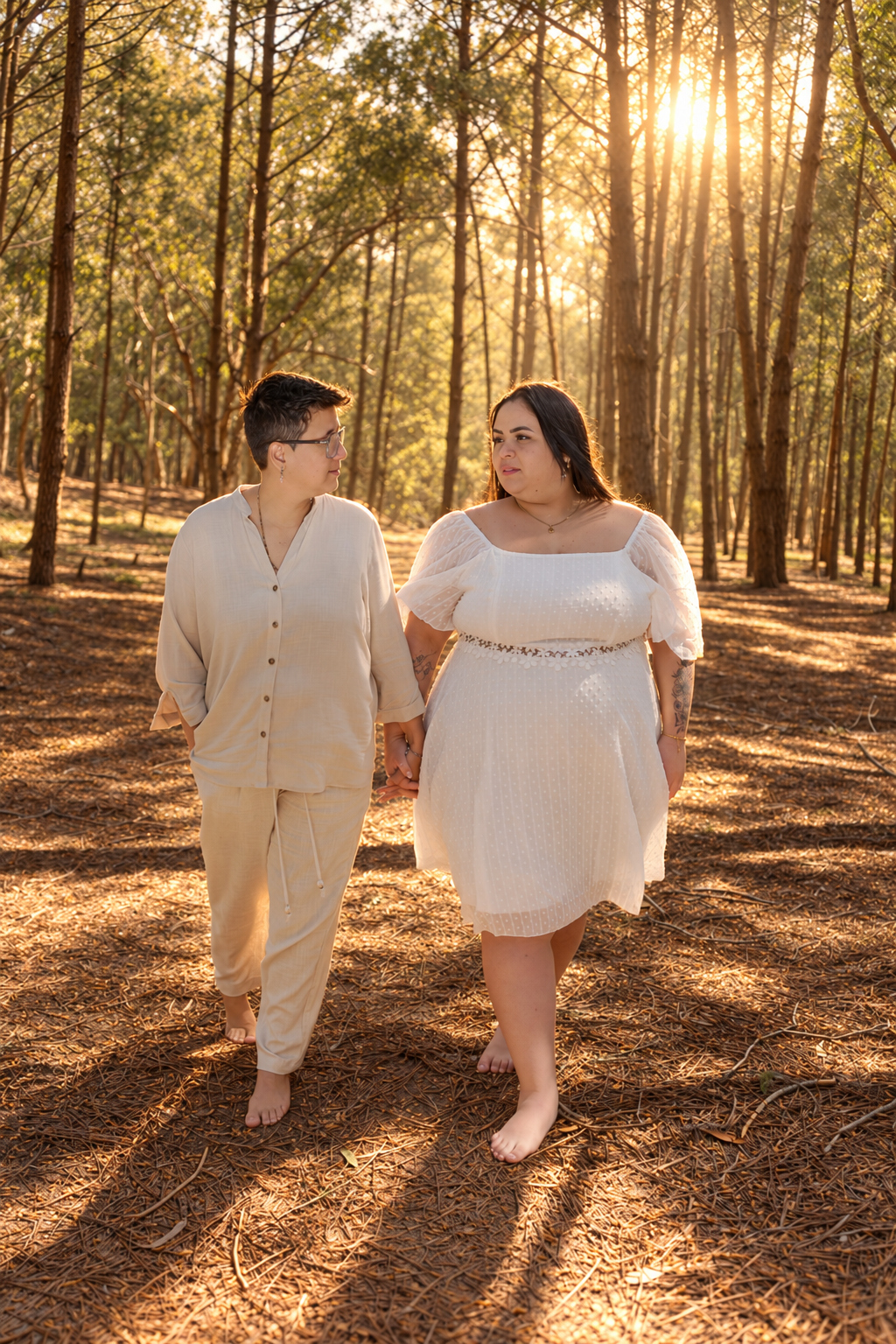 Caminar juntos — pareja en el bosque con luz dorada, Dudiver Photos