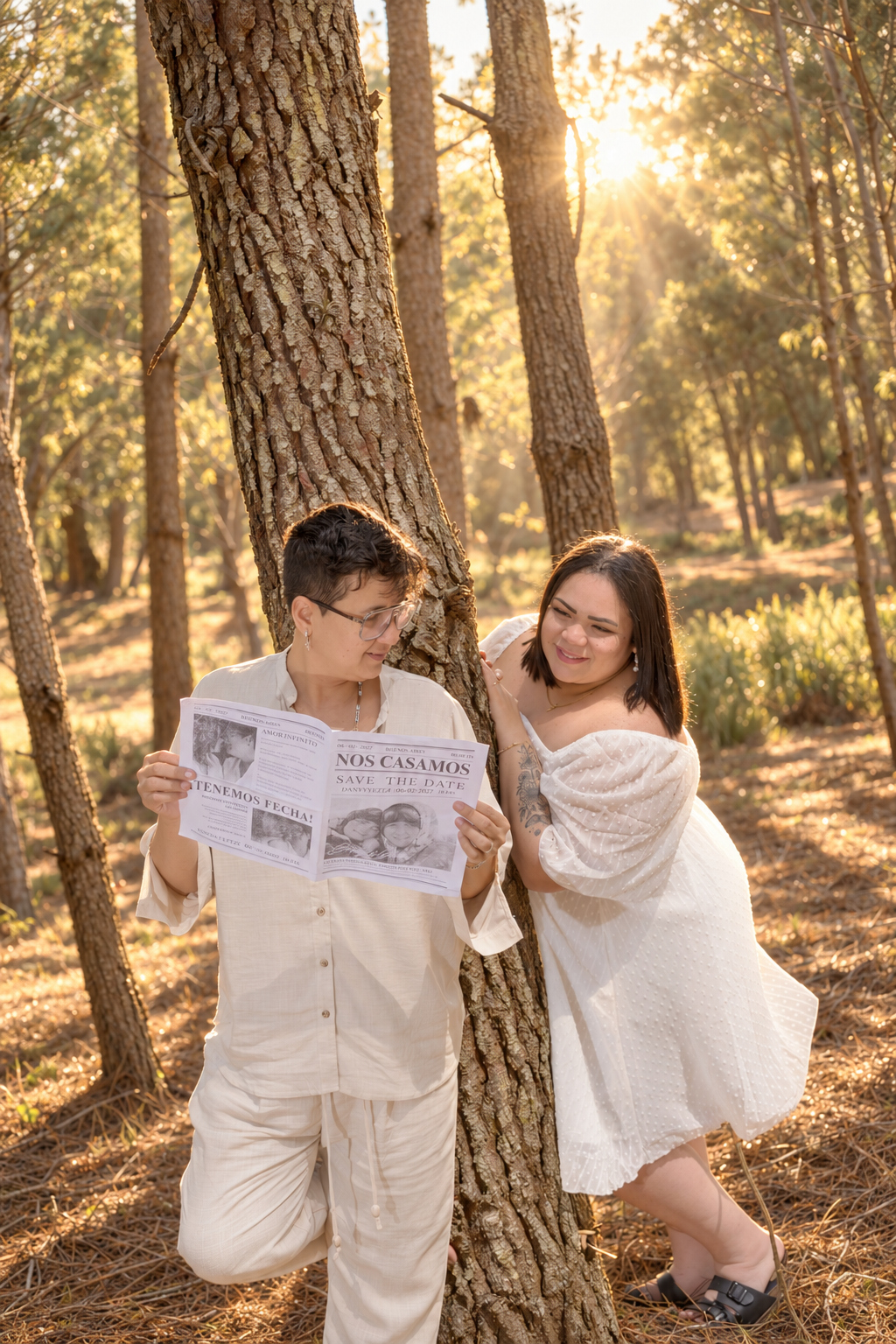 Una noticia que celebrar — pareja en el bosque con luz dorada, Dudiver Photos